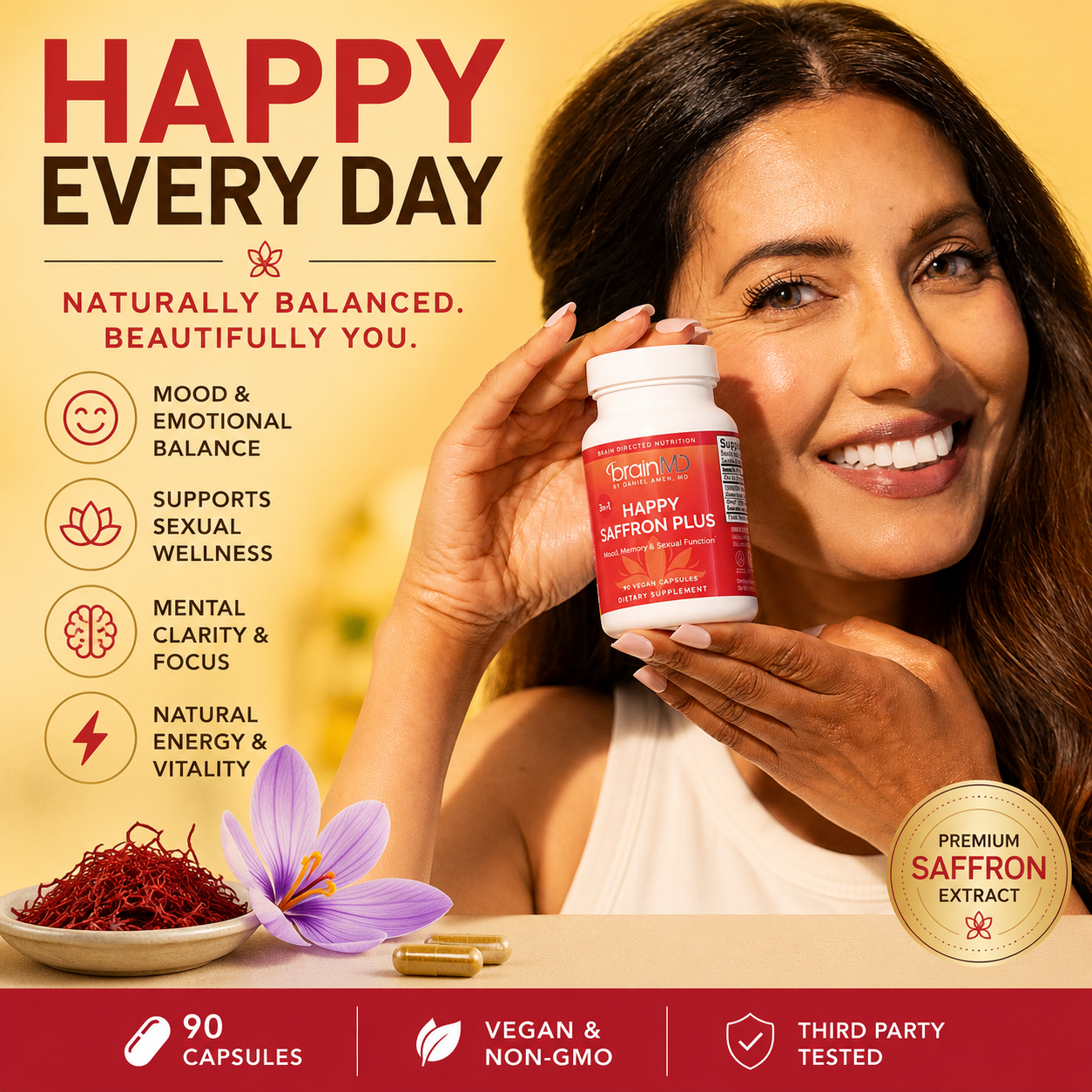 Happy Saffron Plus Capsules for Daily Wellness (90 Capsules)