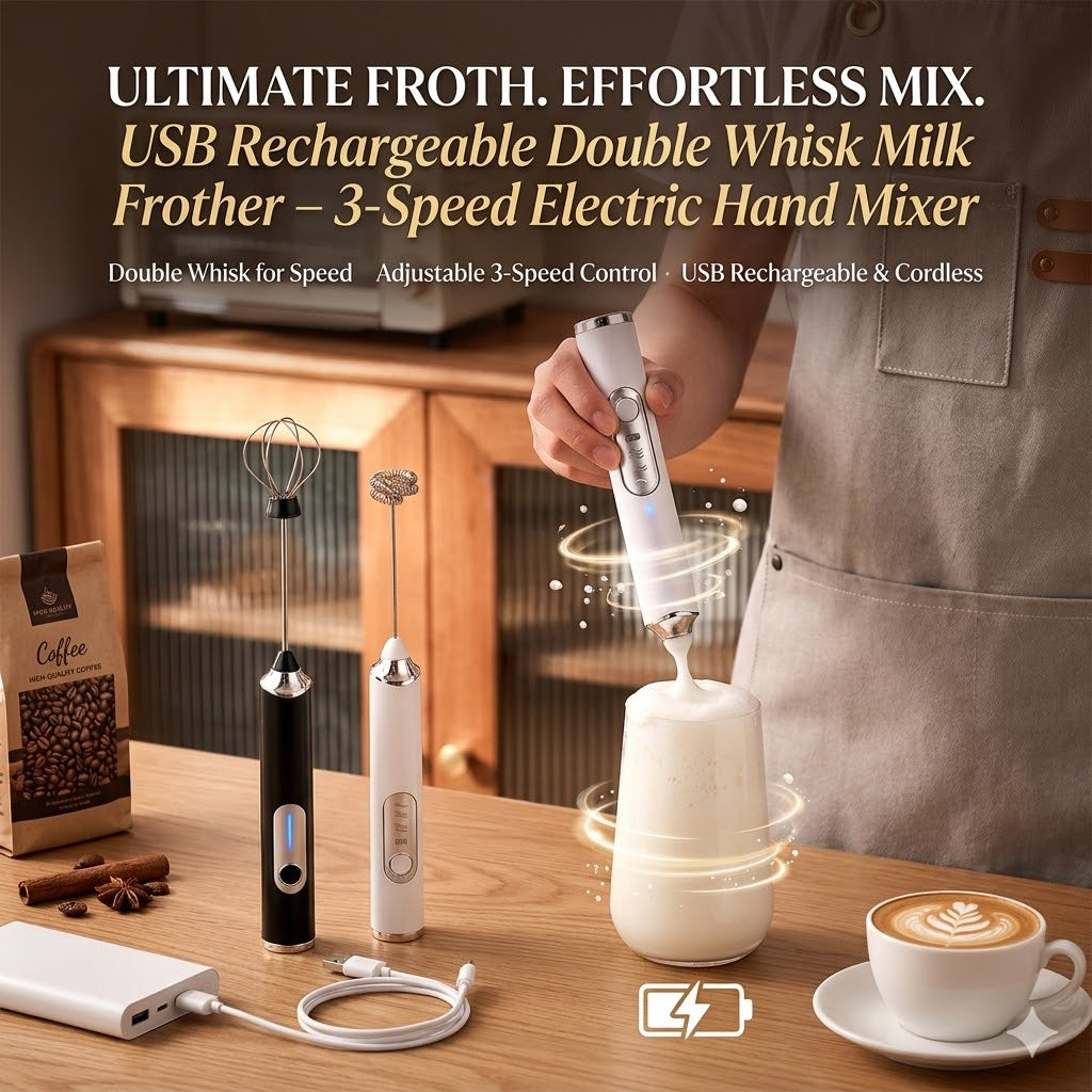 USB Rechargeable Double Whisk Milk Frother – 3-Speed Electric Hand Mixer