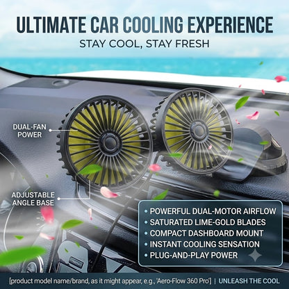 Dual Head Car Cooling Fan – 12V/24V 3-Speed Rotating Vehicle Fan with Cigarette Lighter Plug